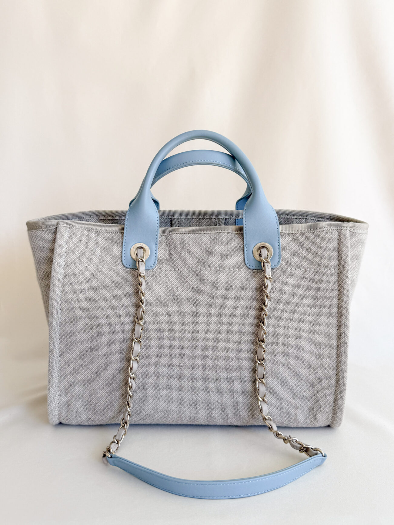 Chanel Deauville Small tote greige canvas with light blue handles and champagne hardware front view