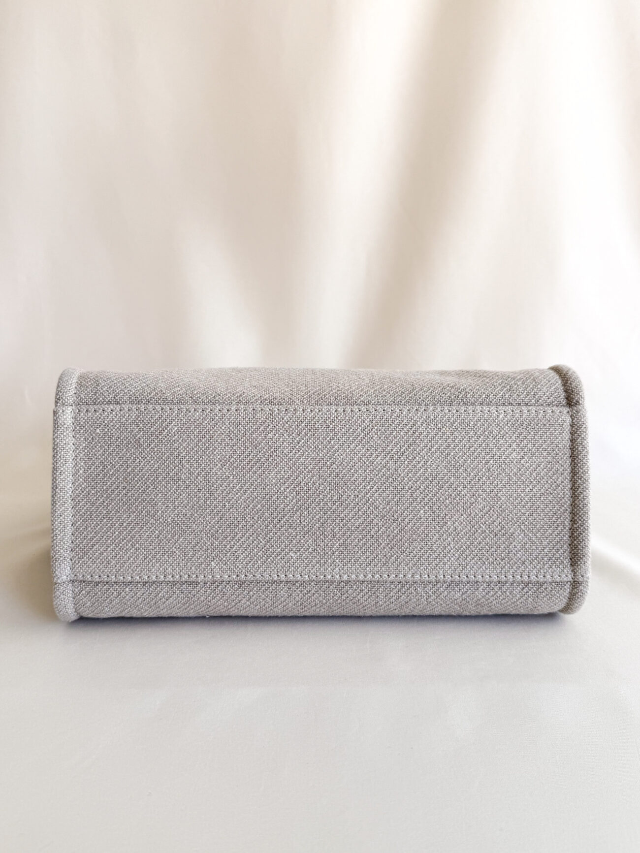 Chanel Deauville Small tote greige canvas with light blue handles and champagne hardware bottom view