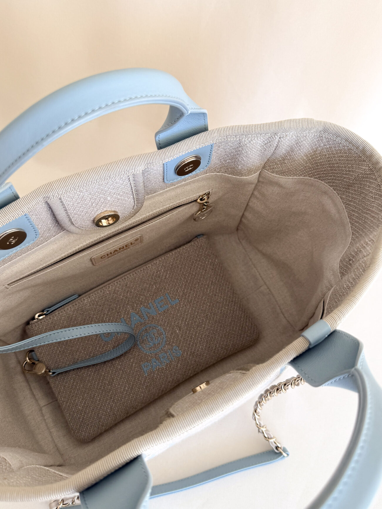 Chanel Deauville Small Tote Greige interior view with pouch and light blue leather detail