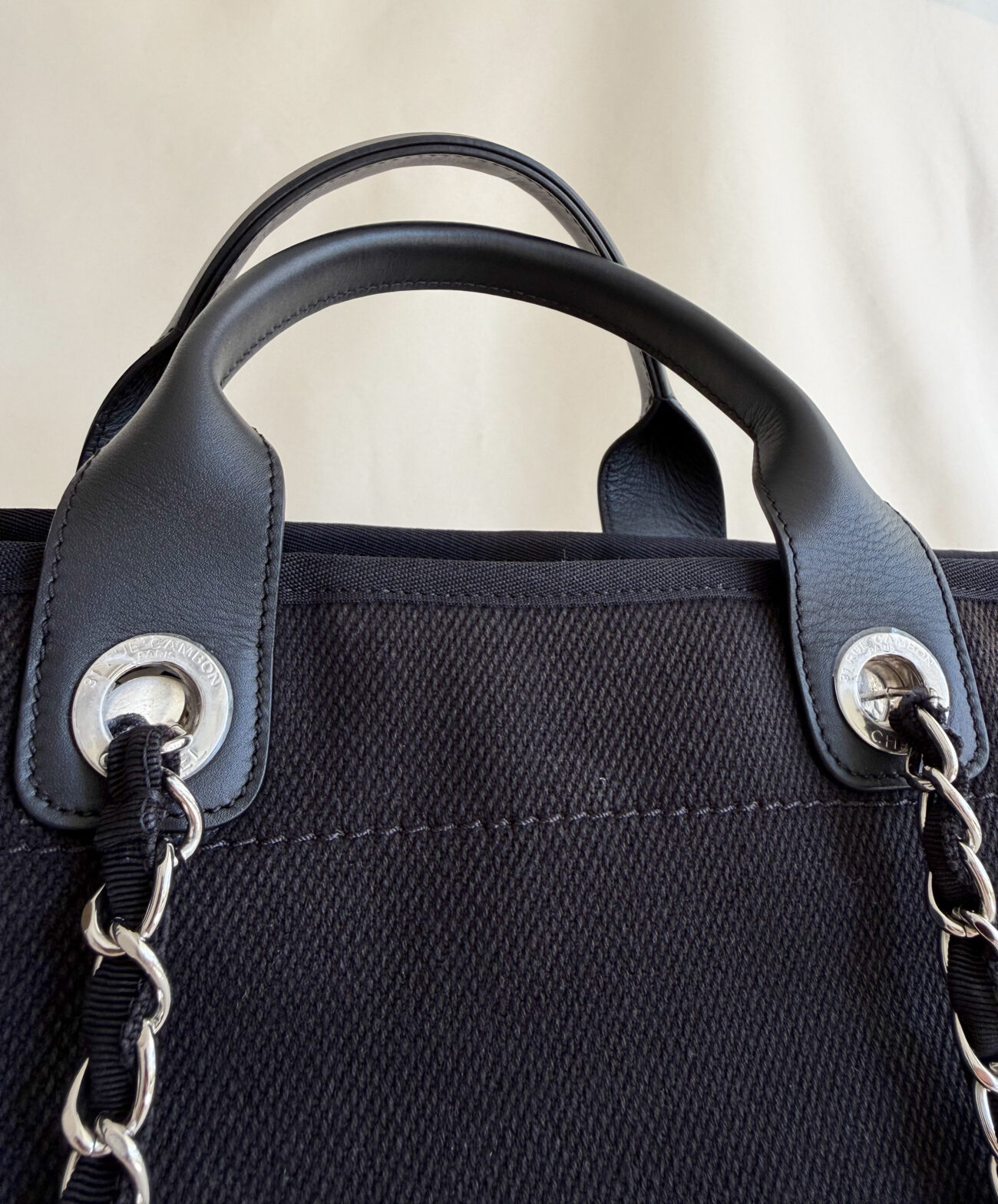 Chanel Deauville Tote Bag Large Black Canvas four handle and palladium details view