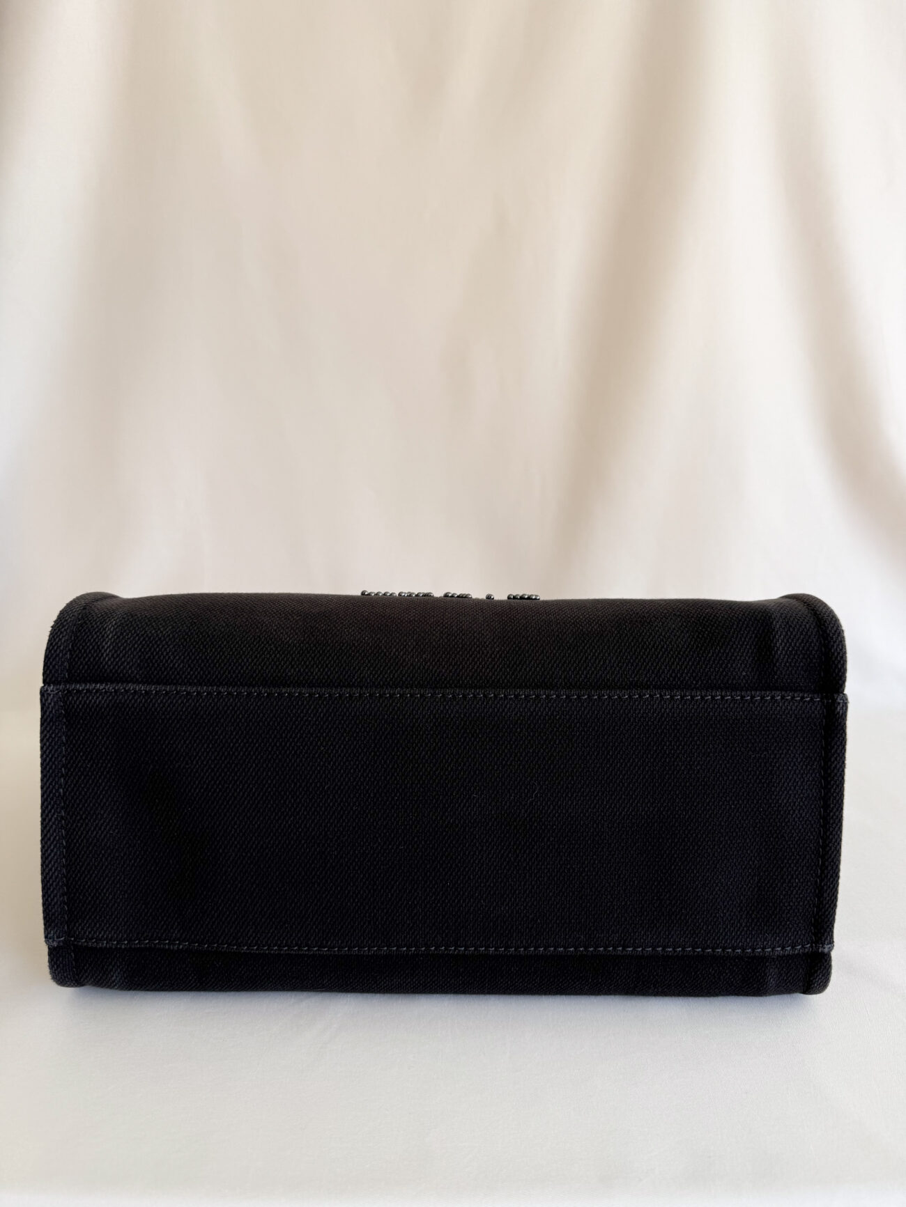 Chanel Deauville Tote Bag Large Black Canvas with pearl logo bottom view