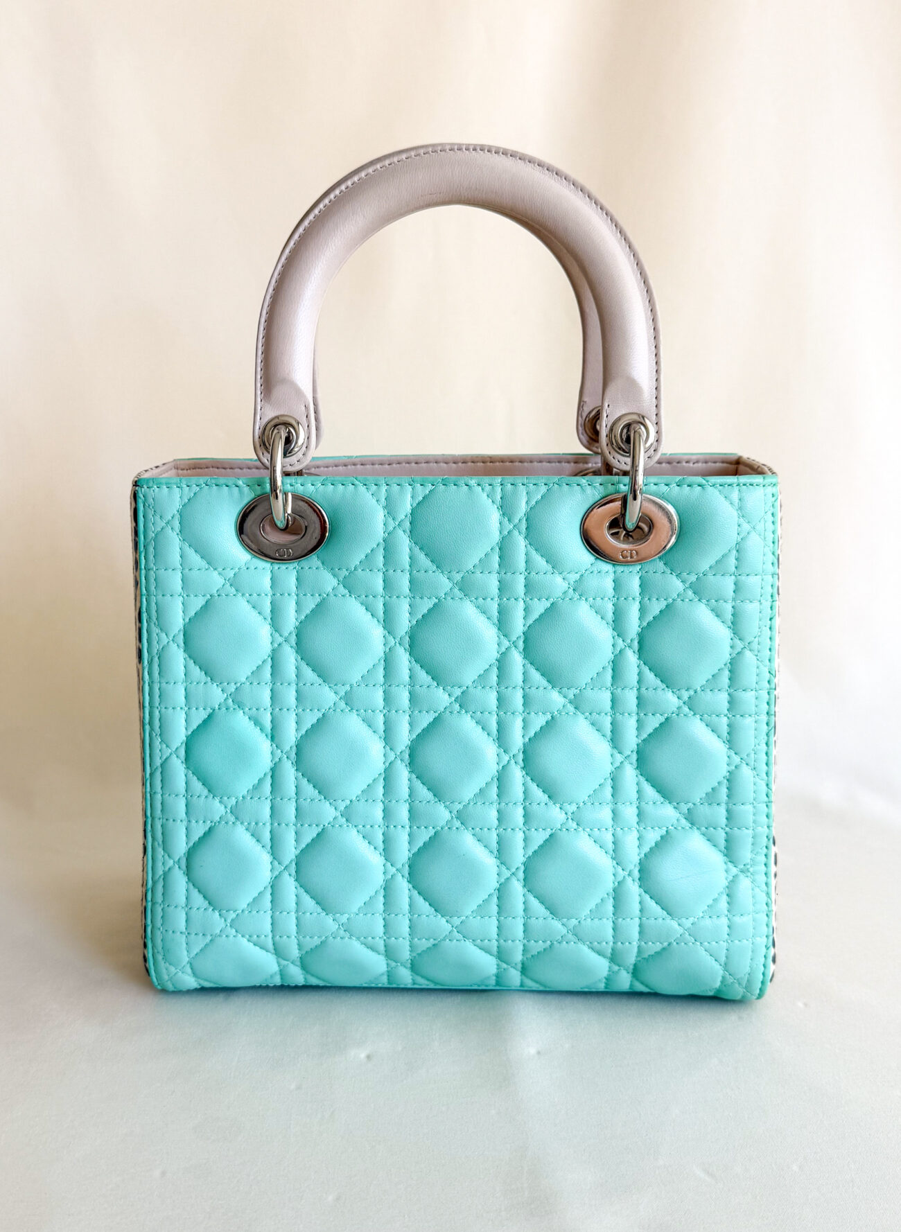 Dior Lady Dior Medium Tiffany green with python inserts and silver hardware back view
