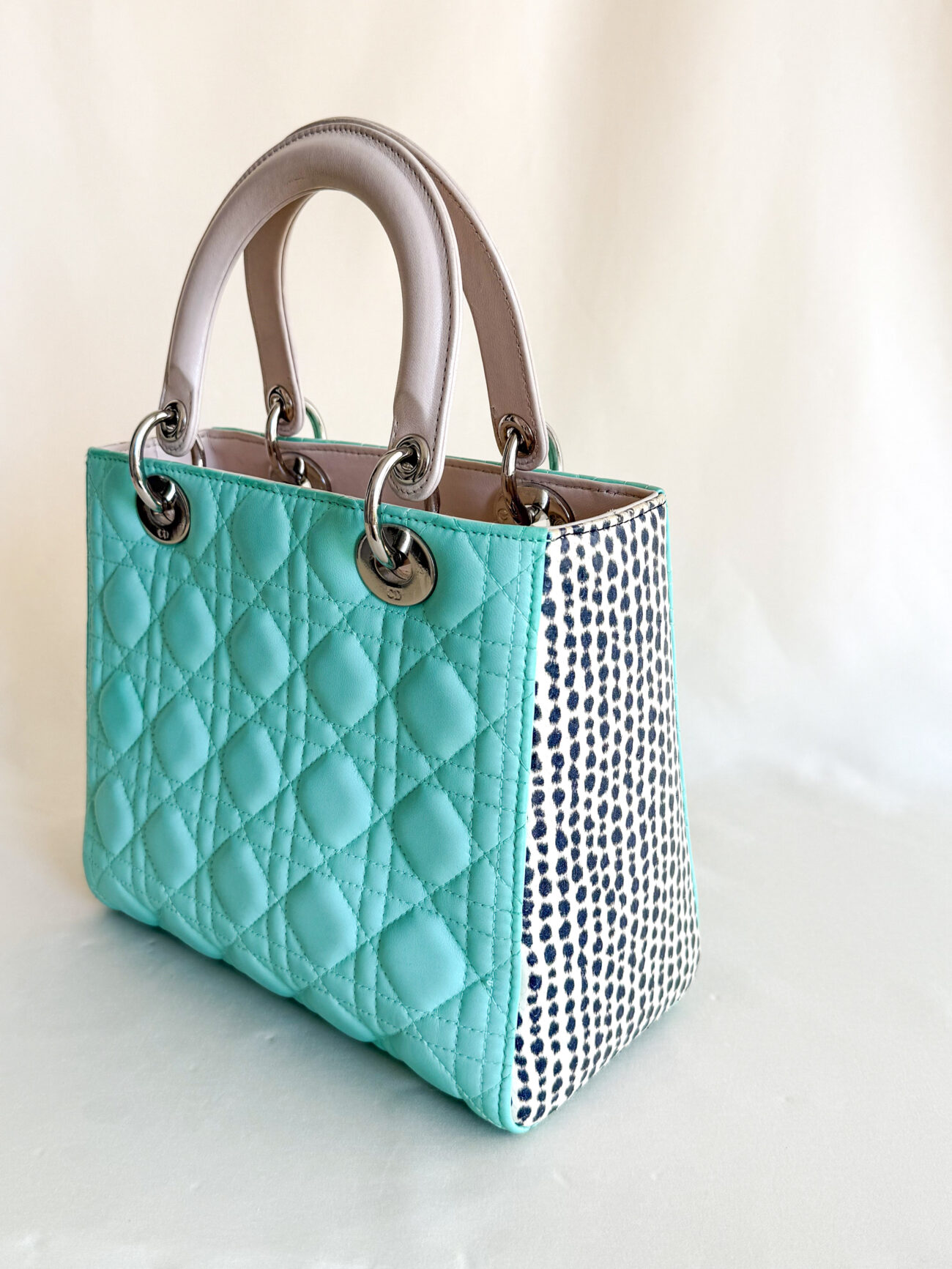 Dior Lady Dior Medium Tiffany green quilted leather with python side inserts and silver hardware side back view