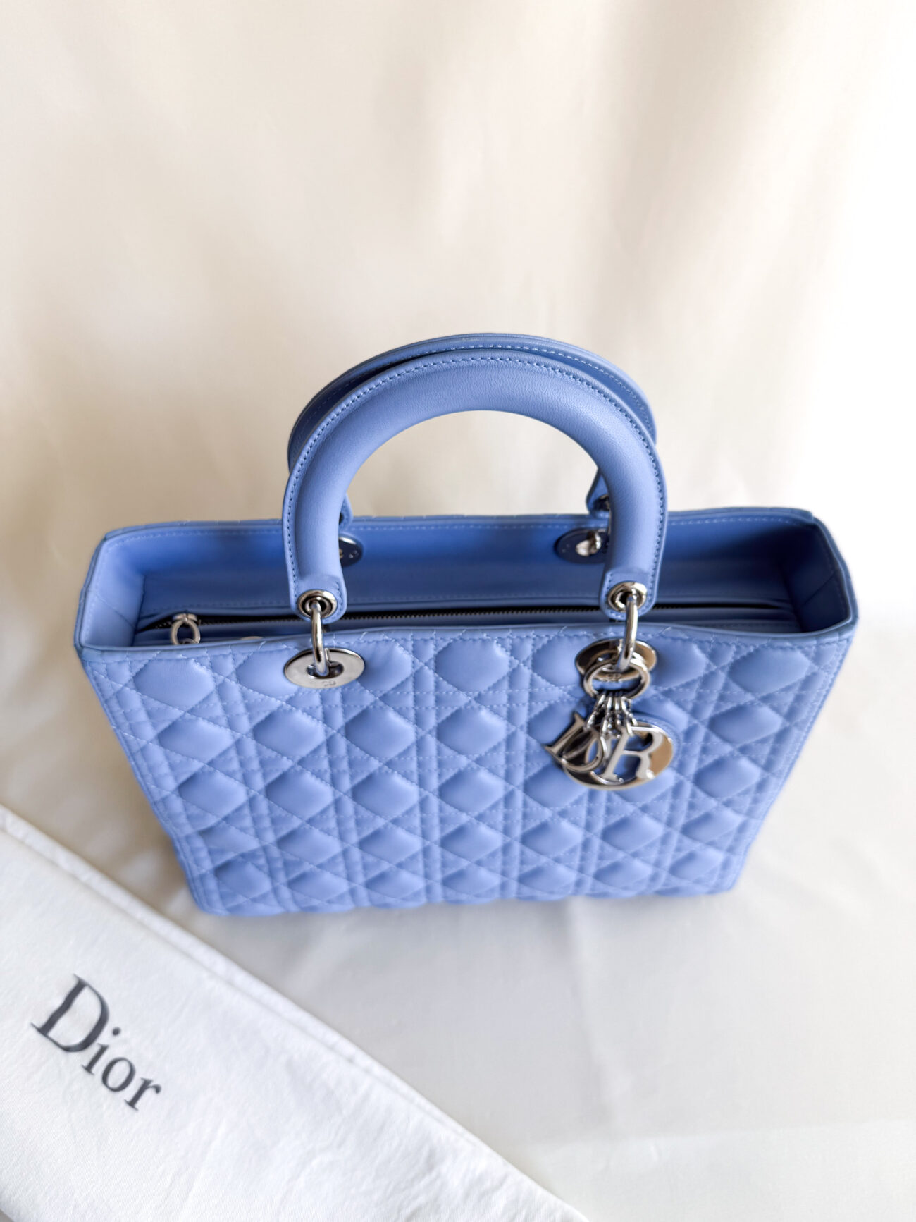 Lady Dior Large Cannage Soft Blue Lambskin with palladium hardware top handle view