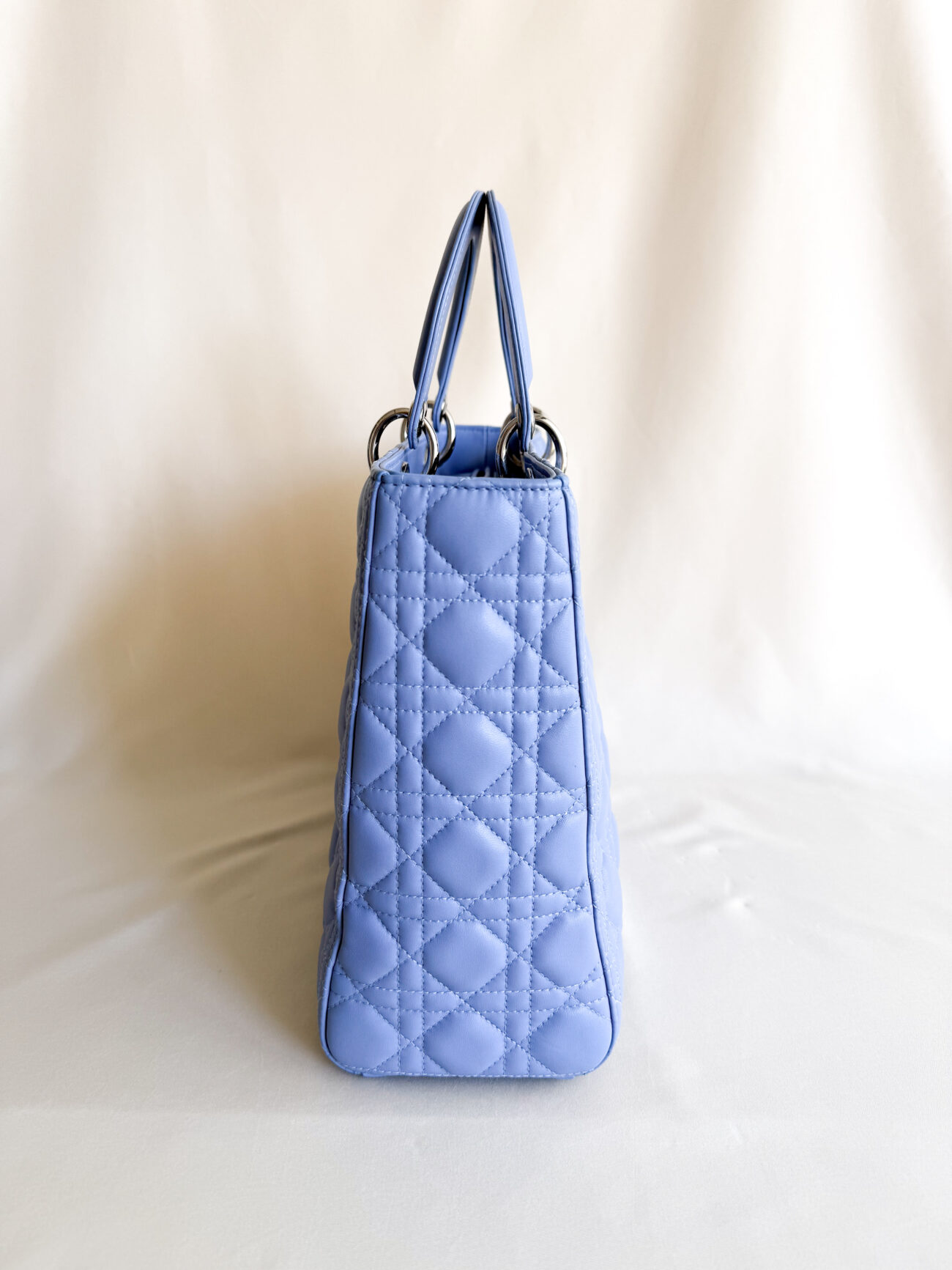 Lady Dior Large Cannage Soft Blue Lambskin with palladium hardware side view