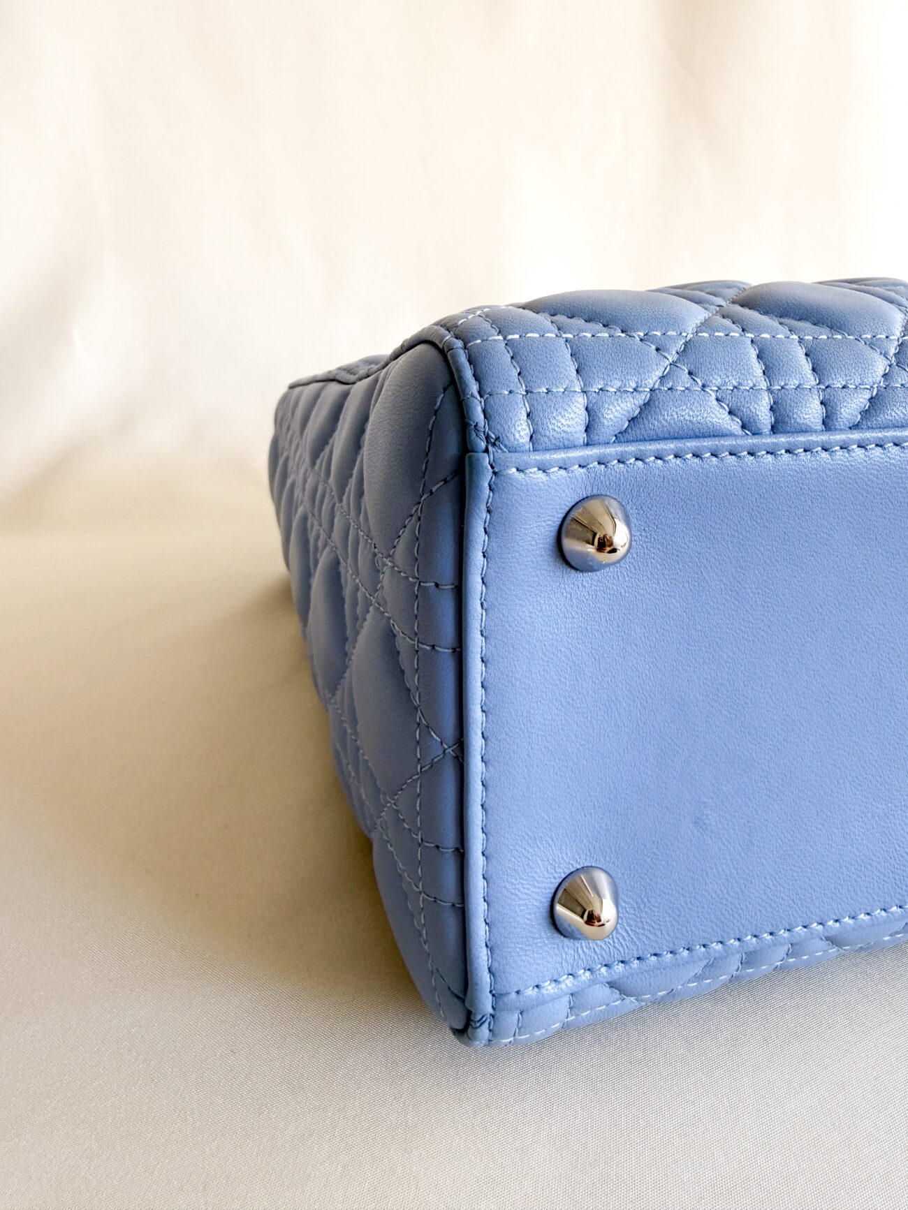 Lady Dior Large Cannage Soft Blue Lambskin with palladium hardware part bottom view