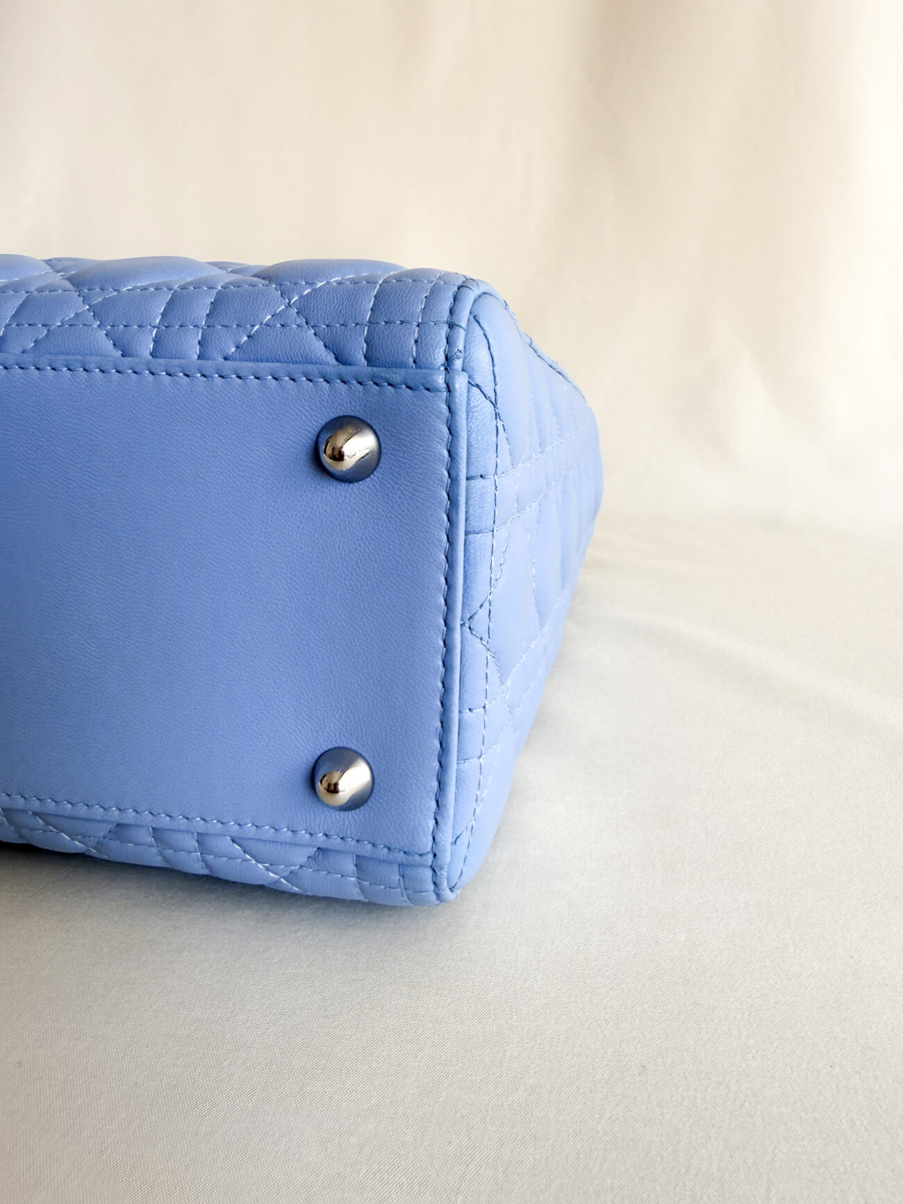 Lady Dior Large Cannage Soft Blue Lambskin with palladium feets and bottom view