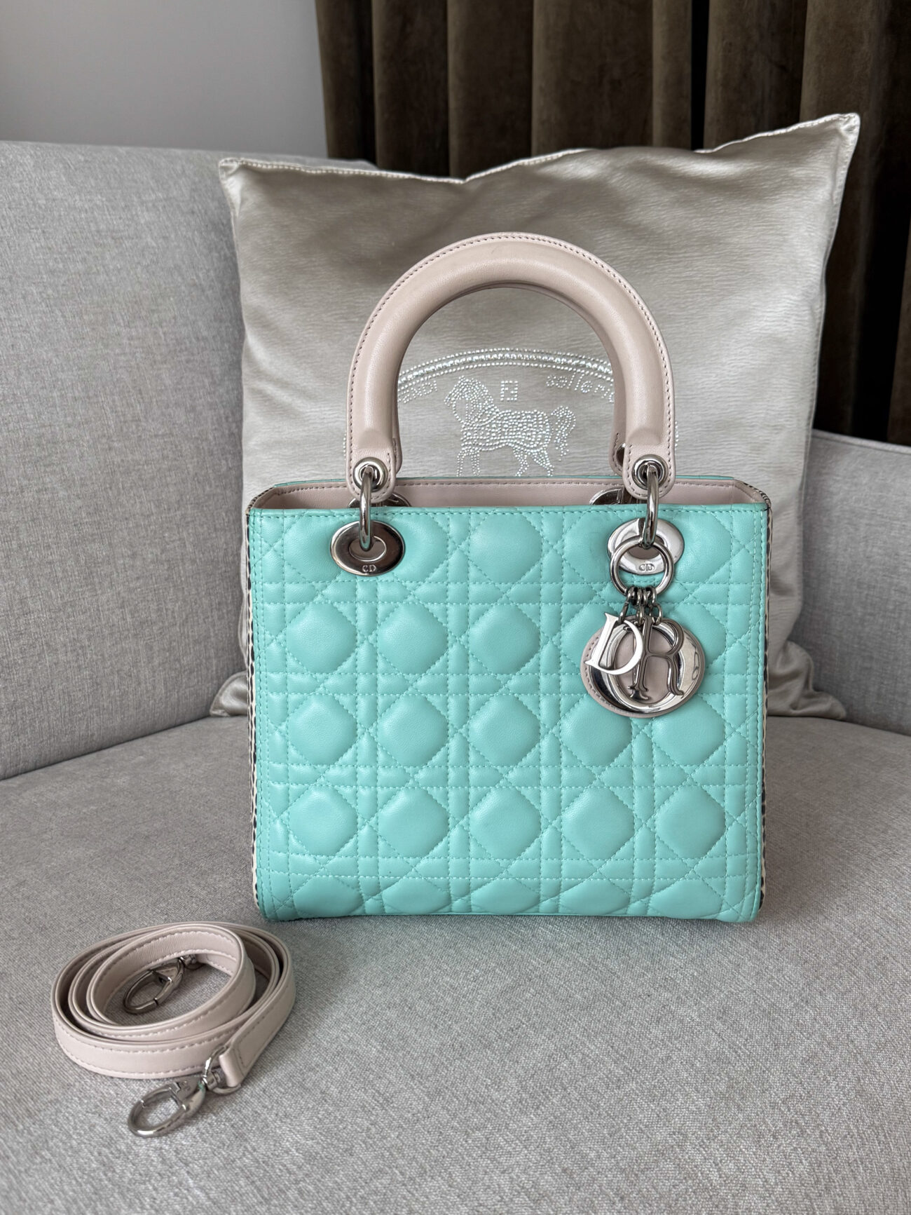 Dior Lady Dior Medium Tiffany green with python side inserts, silver hardware and shoulder strap