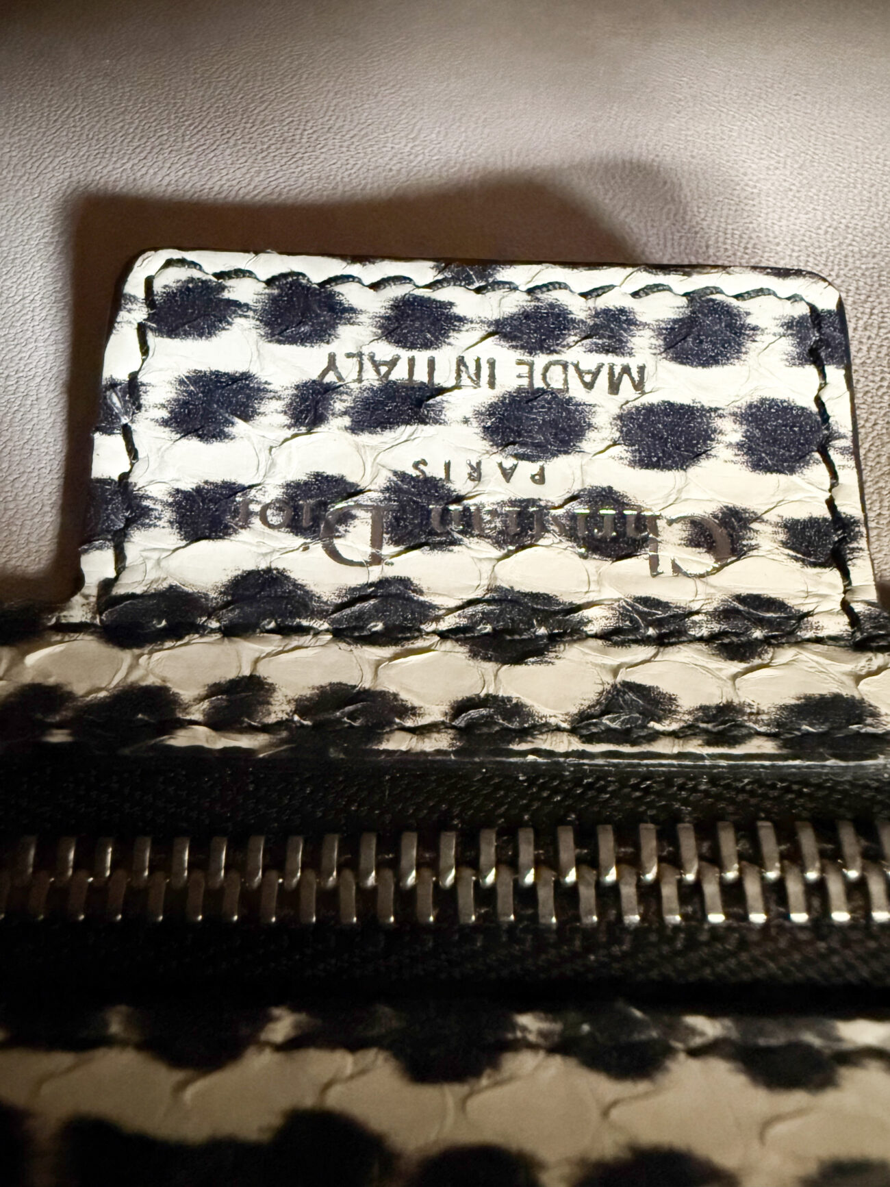 Interior logo detail of Dior Medium with python leather lining