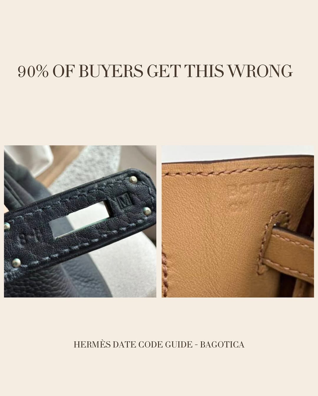 Hermès blind stamp examples showing vintage circular date stamp and modern standalone letter stamp