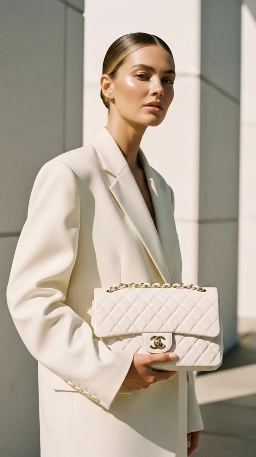 Elegant woman holding a white Chanel Classic Flap bag