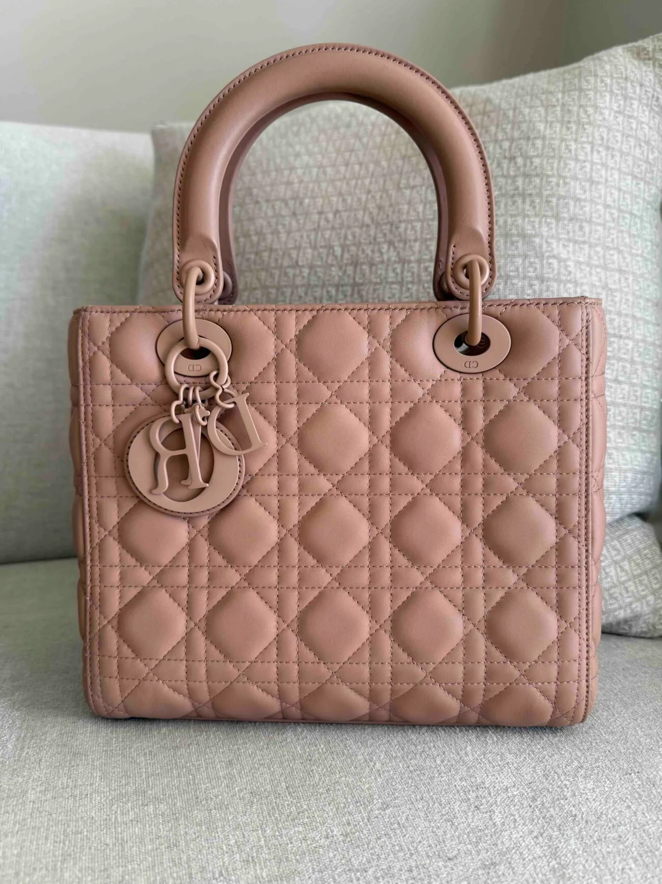 Authentic Lady Dior Ultra Matte bag showing Cannage stitching and signature Dior charms.