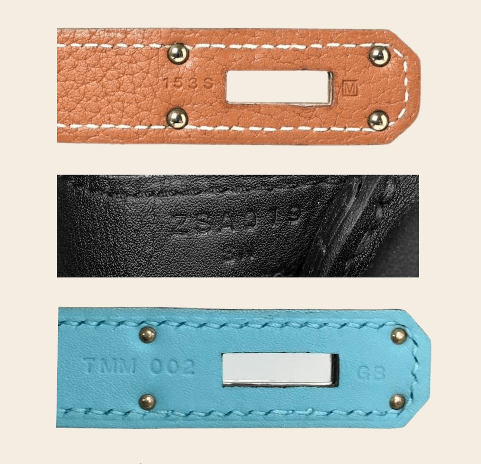 Examples of Hermès blind stamps with artisan and workshop marks beside the date stamp.