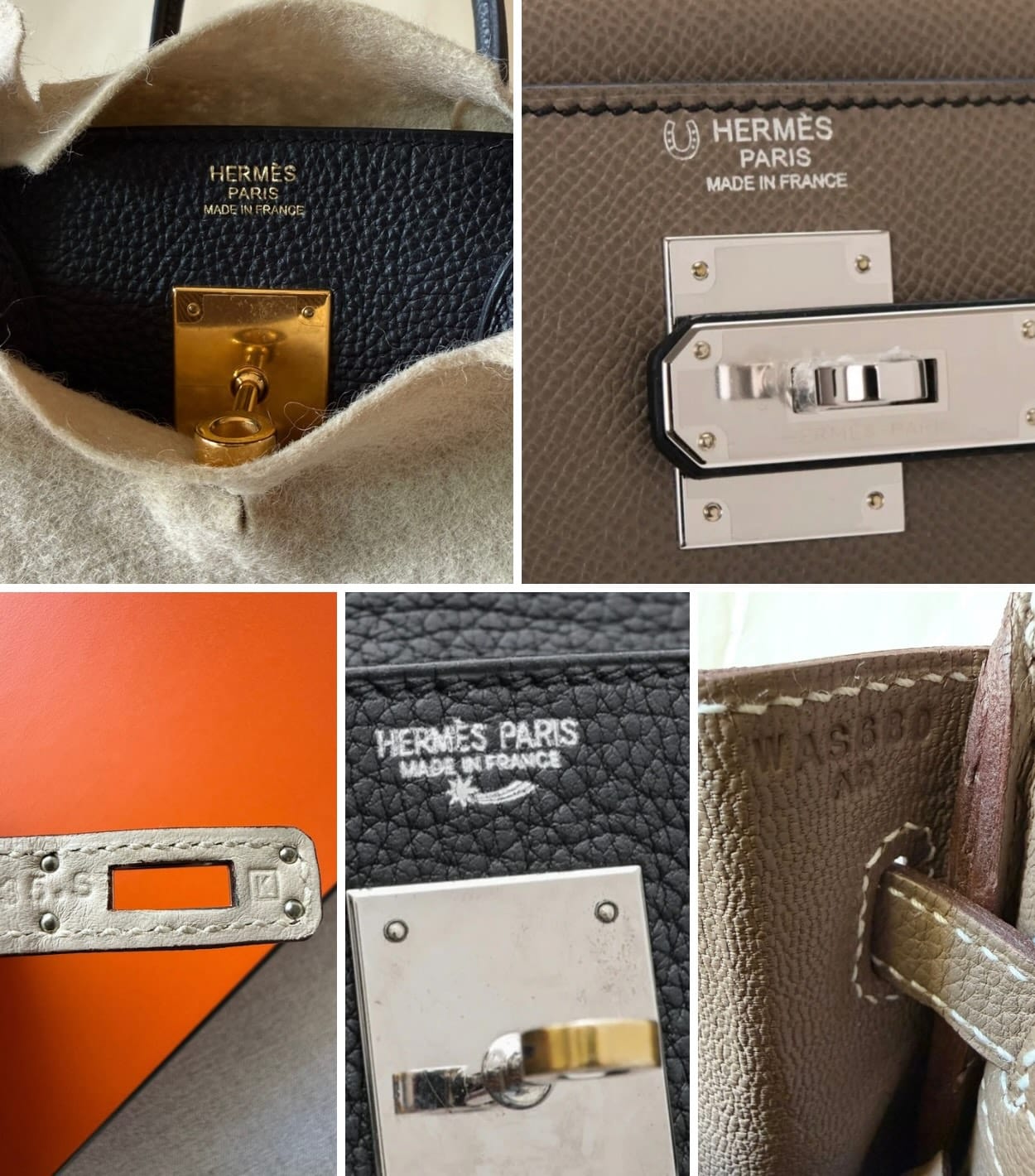 Collage showing different Hermès stamp types, including front stamps, blind stamps, special symbols and artisan markings on authentic Hermès bags.
