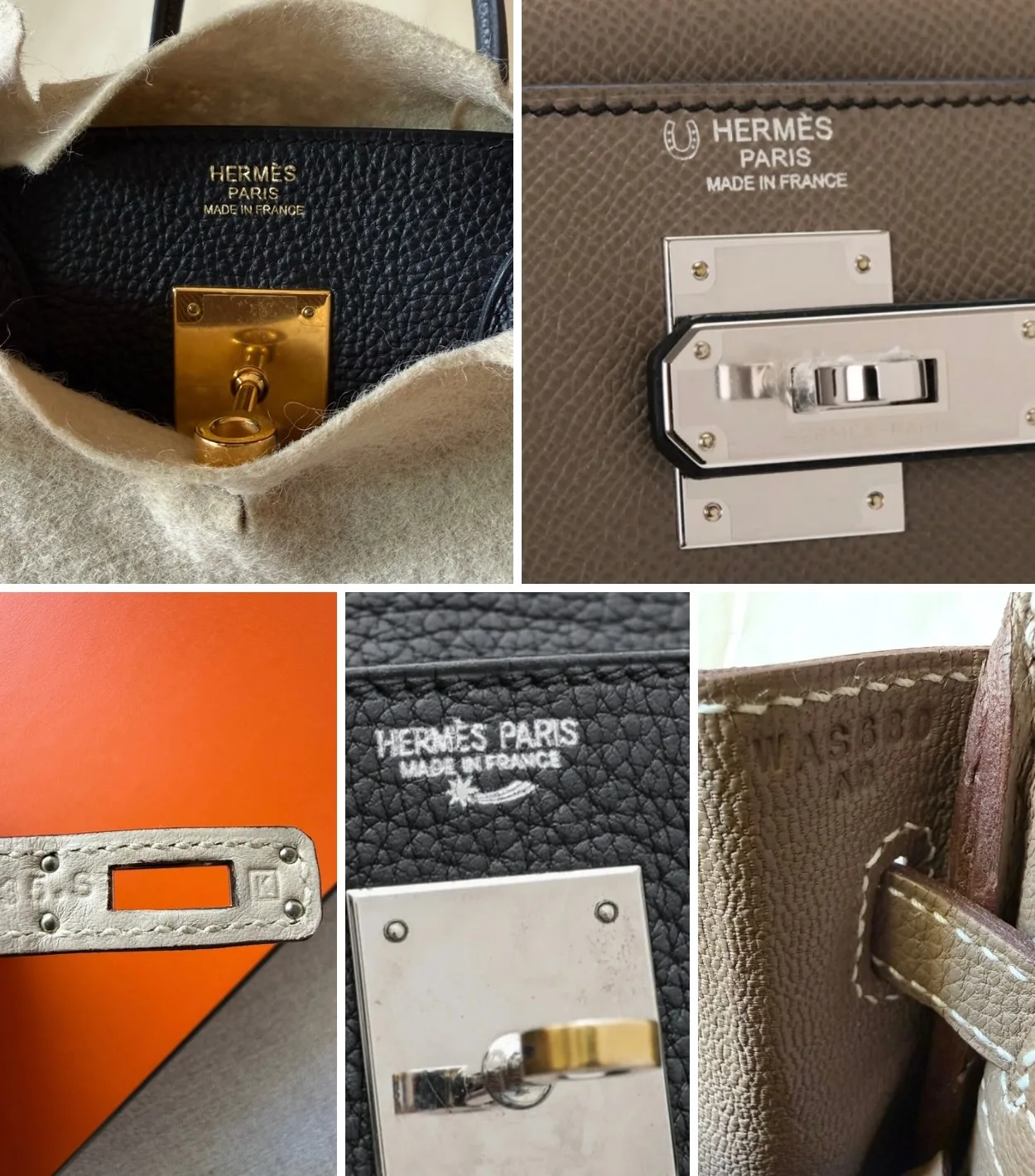 Collage showing different Hermès stamp types, including front stamps, blind stamps, special symbols and artisan markings on authentic Hermès bags.