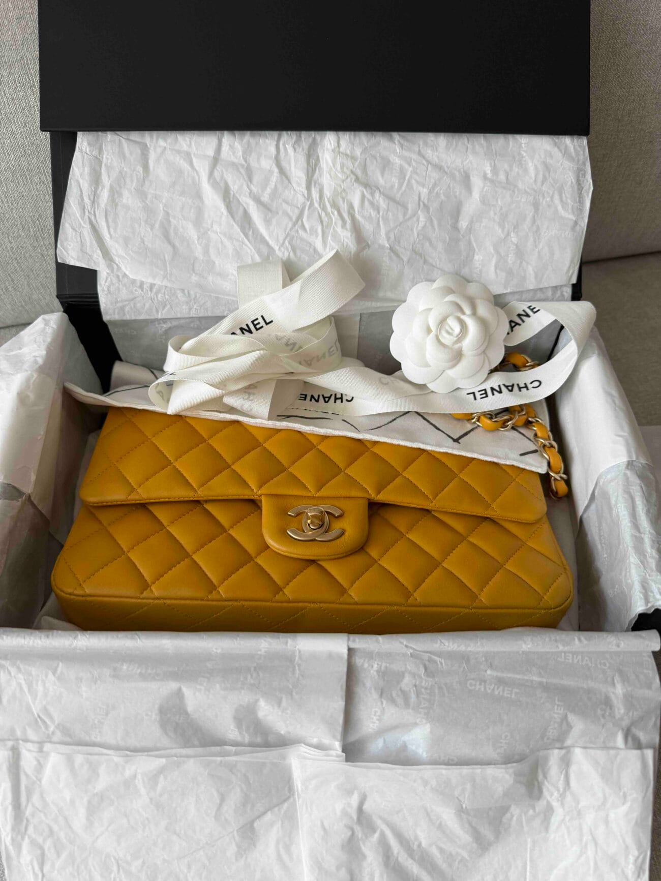 Chanel Classic Flap Medium mustard yellow lambskin with full set and original Chanel packaging