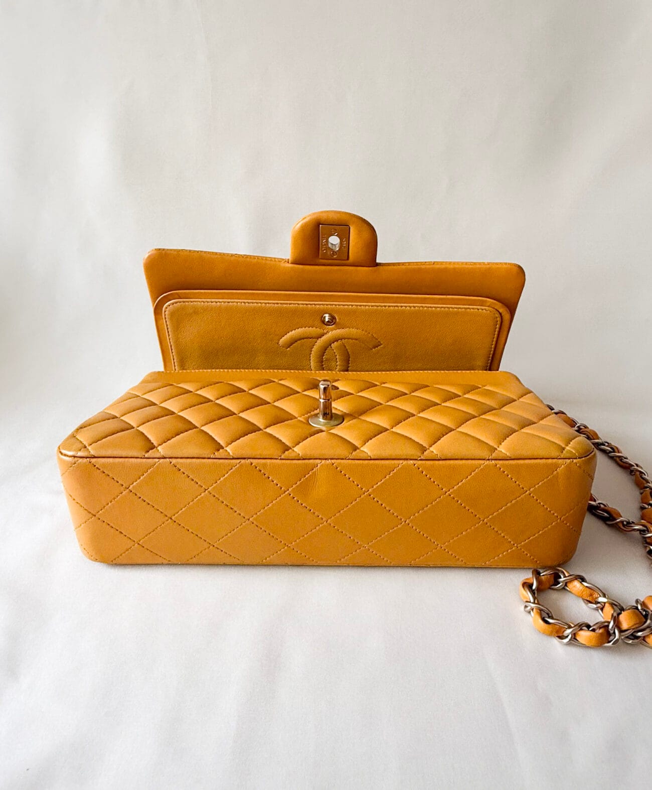 Chanel Classic Flap Medium mustard yellow lambskin open top view