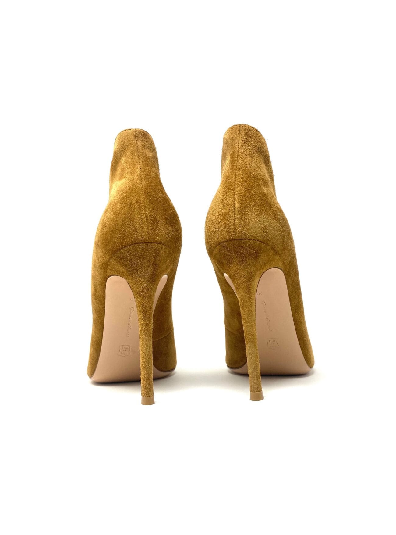 Back view of Gianvito Rossi Vamp 105 camel suede peep-toe booties