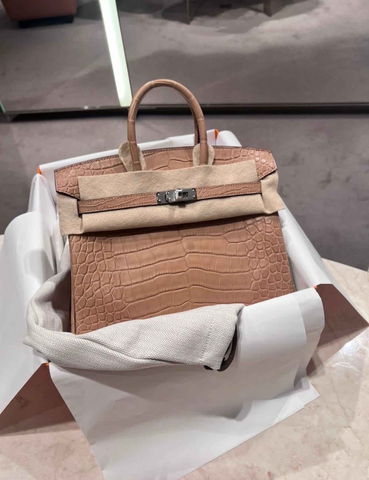 Hermès Birkin bag crafted from matte alligator leather showcasing the distinctive scale pattern of American Alligator.