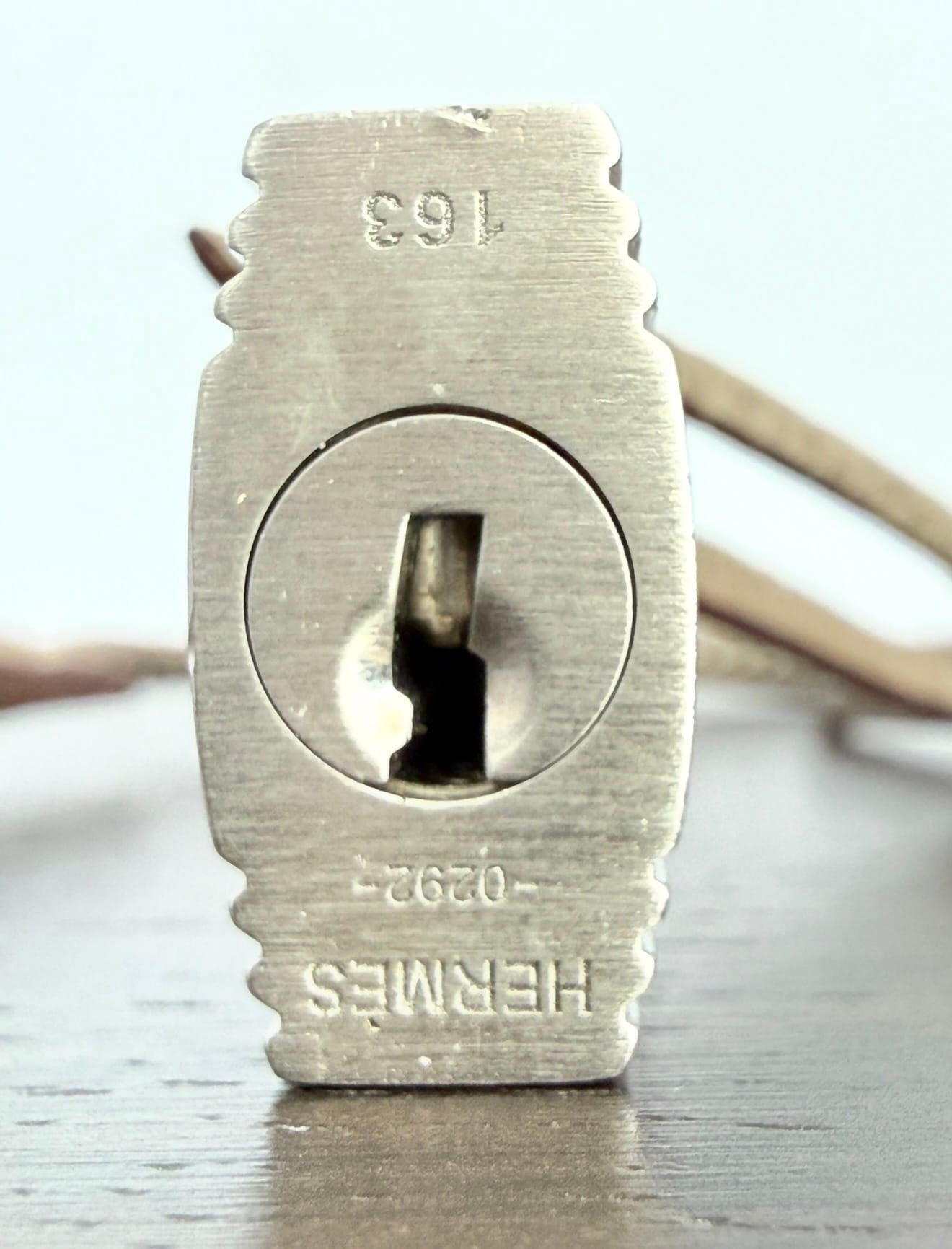 Close-up of Hermès Brushed Palladium (BPHW) lock