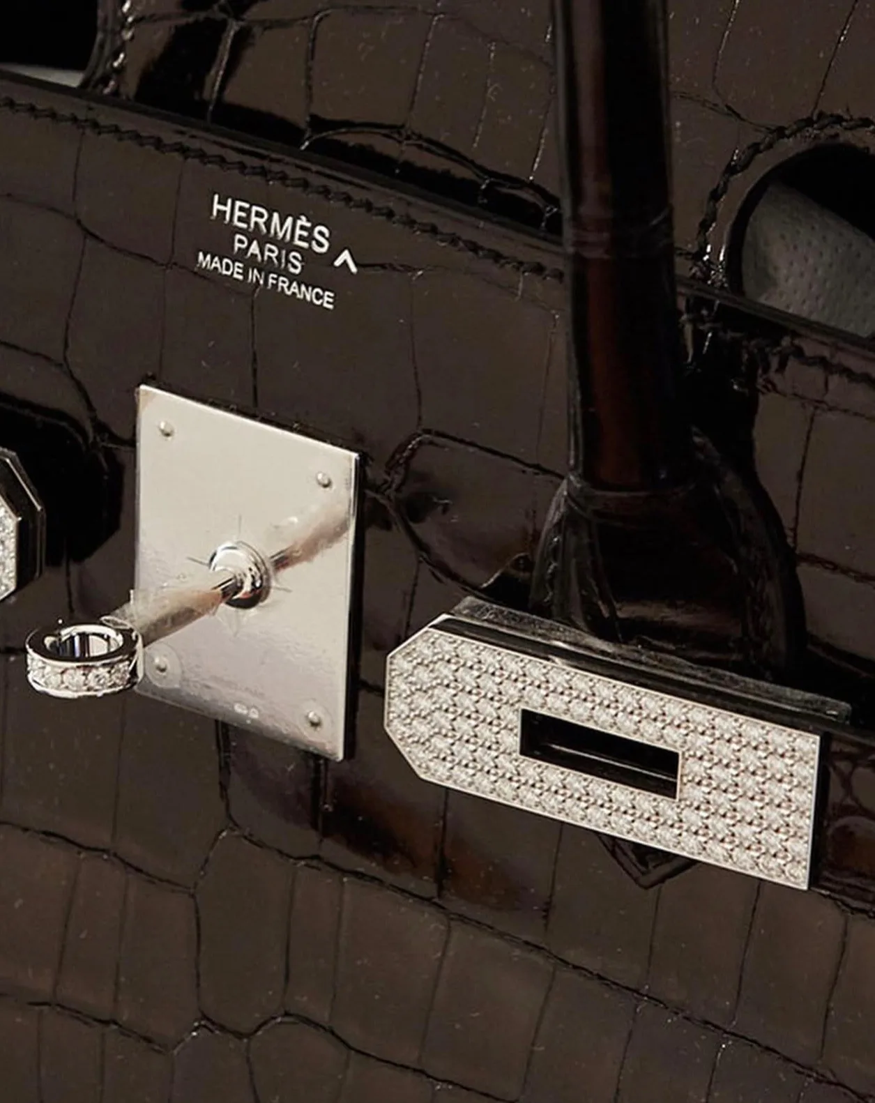 Close-up of Hermès Diamond Hardware turn-lock and lock plate