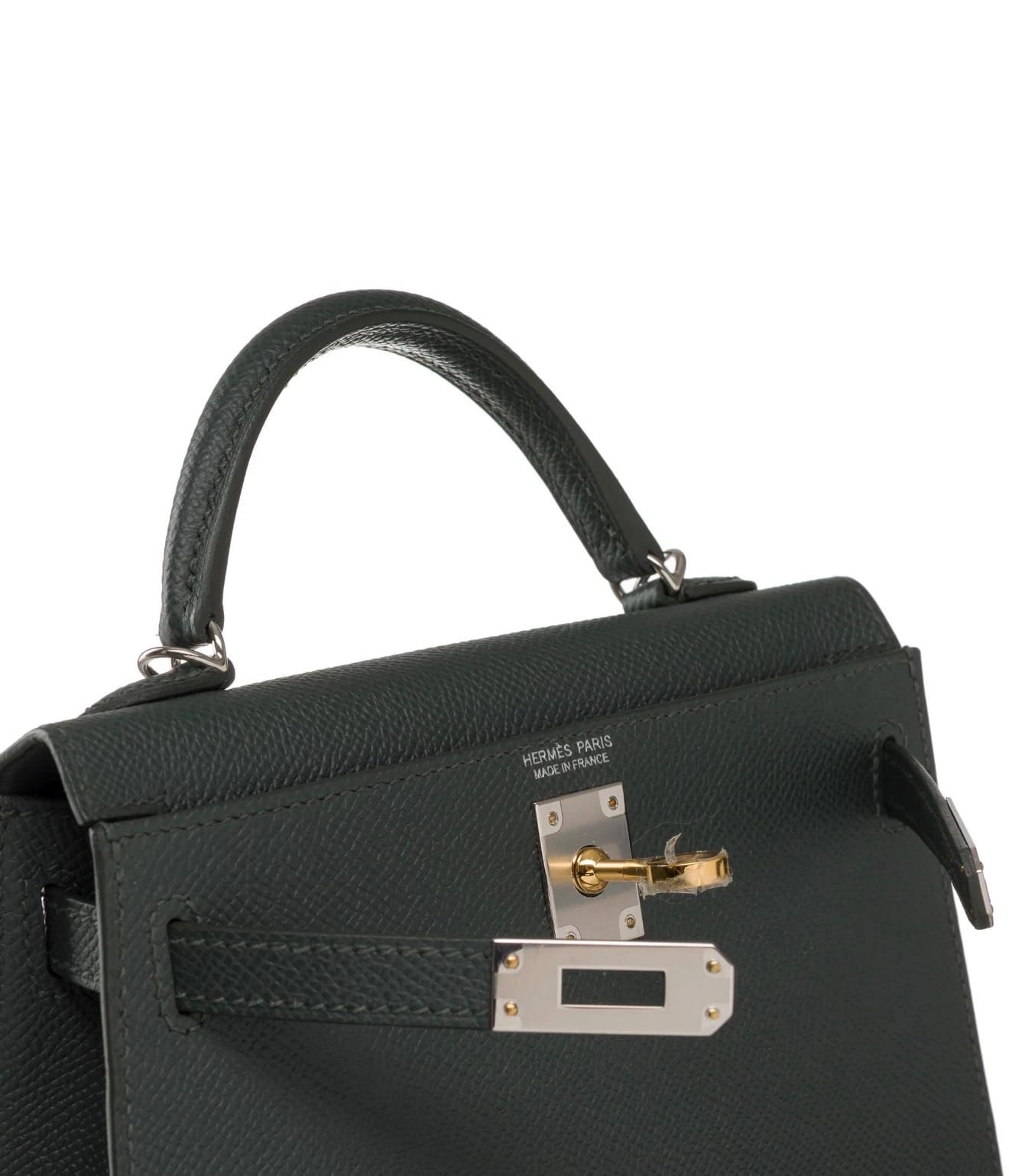 Close-up of Hermès Electrum Hardware (EHW) on a Kelly bag
