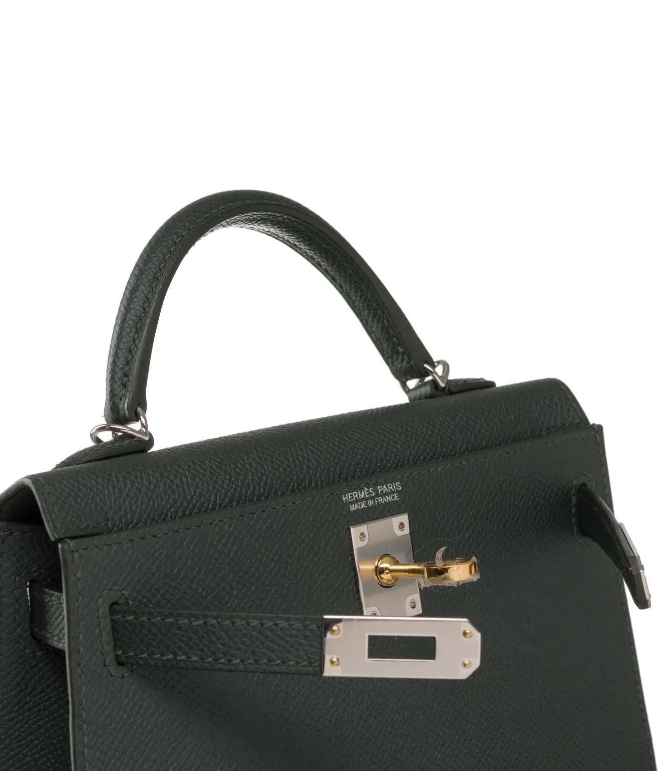 Close-up of Hermès Electrum Hardware (EHW) on a Kelly bag