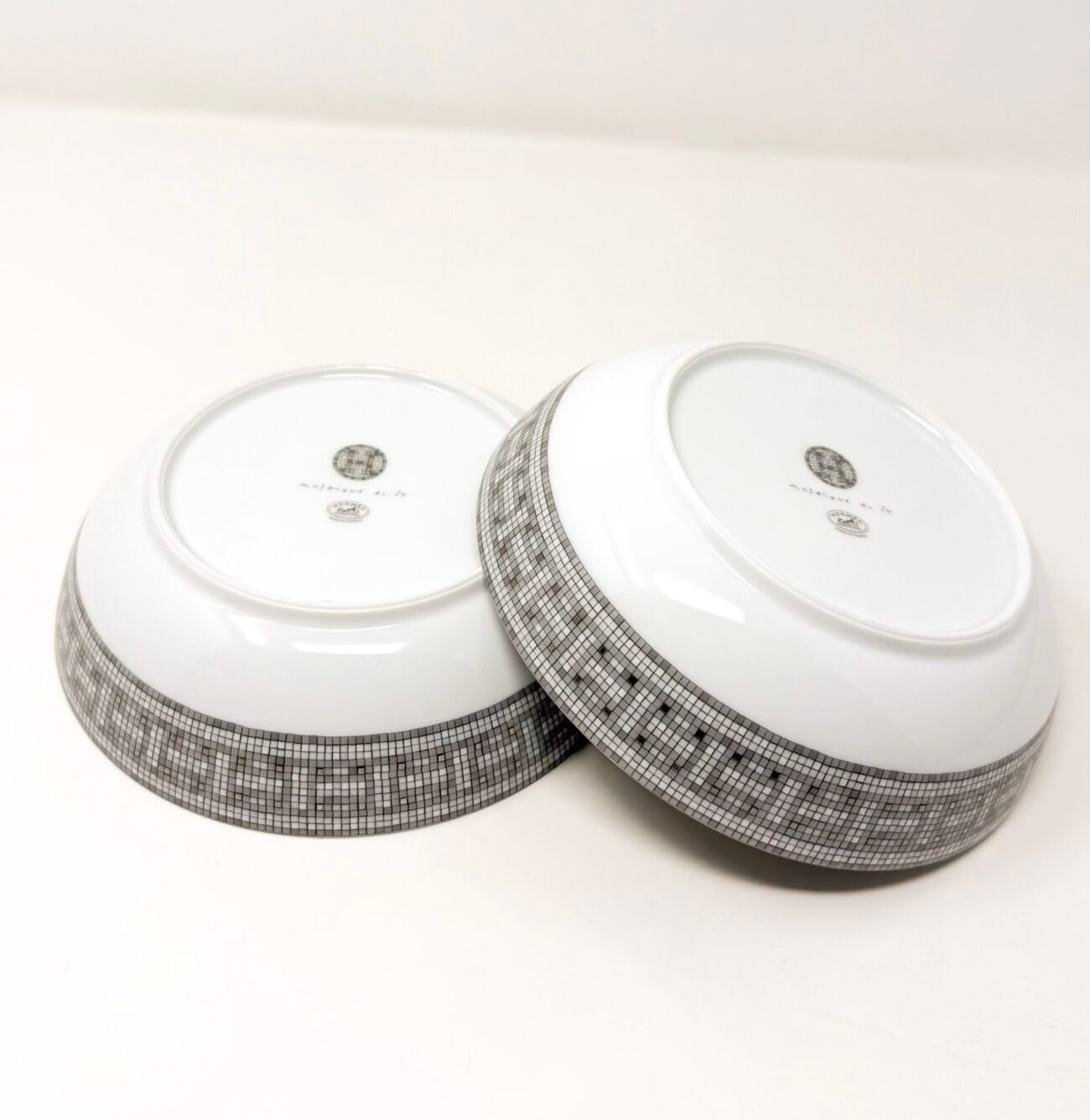 Base view of Hermès Mosaique au 24 dessert bowls with Hermès backstamps