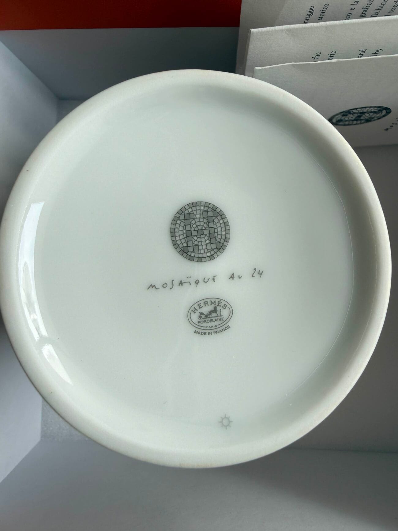 Bottom stamp and porcelain markings on Hermès Mosaique au 24 Platinum Mug