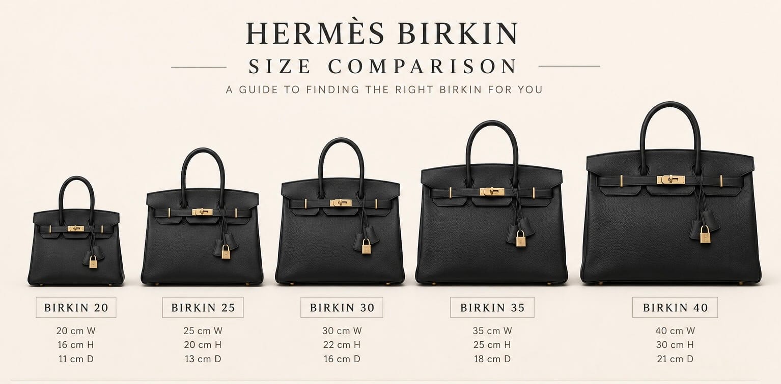 Hermès Birkin size comparison showing Birkin 20, Birkin 25, Birkin 30, Birkin 35 and Birkin 40 side by side