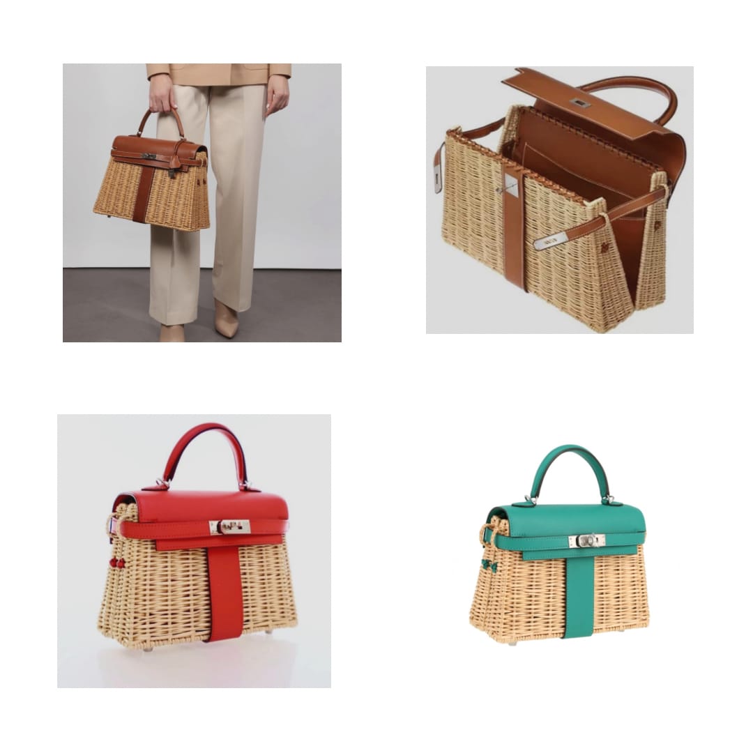 Hermès Kelly Picnic collection in different colours with signature wicker and leather construction