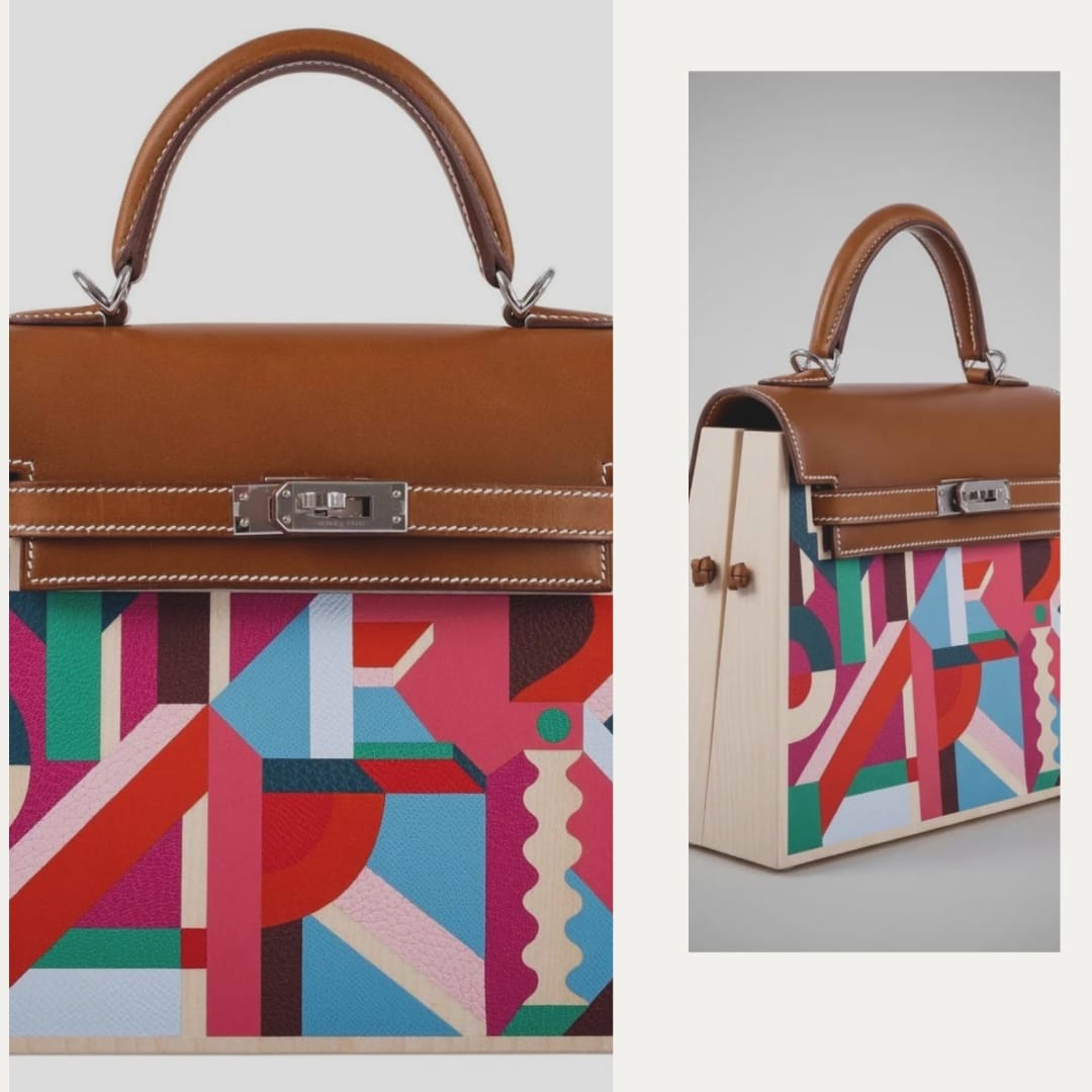 Hermès Kellywood special edition featuring leather marquetry and geometric artwork