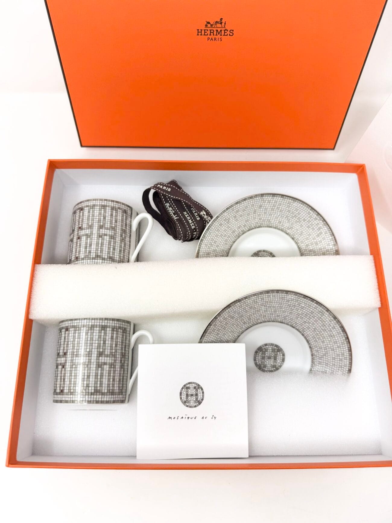 Hermès Mosaïque au 24 Platinum coffee cups and saucers in original Hermès box