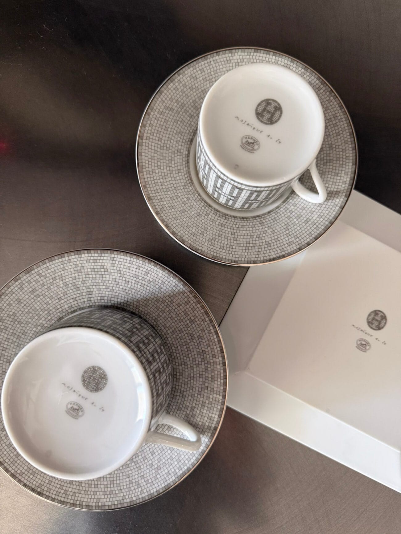 Hermès Mosaïque au 24 Platinum cups and saucers showing porcelain marks