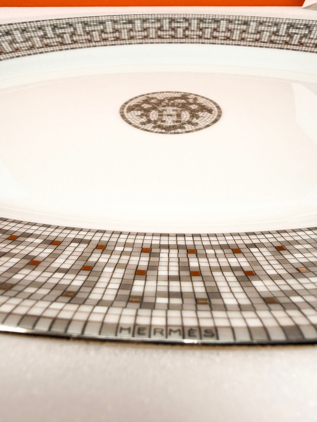 Hermès Mosaïque au 24 Platinum oval platter mosaic detail