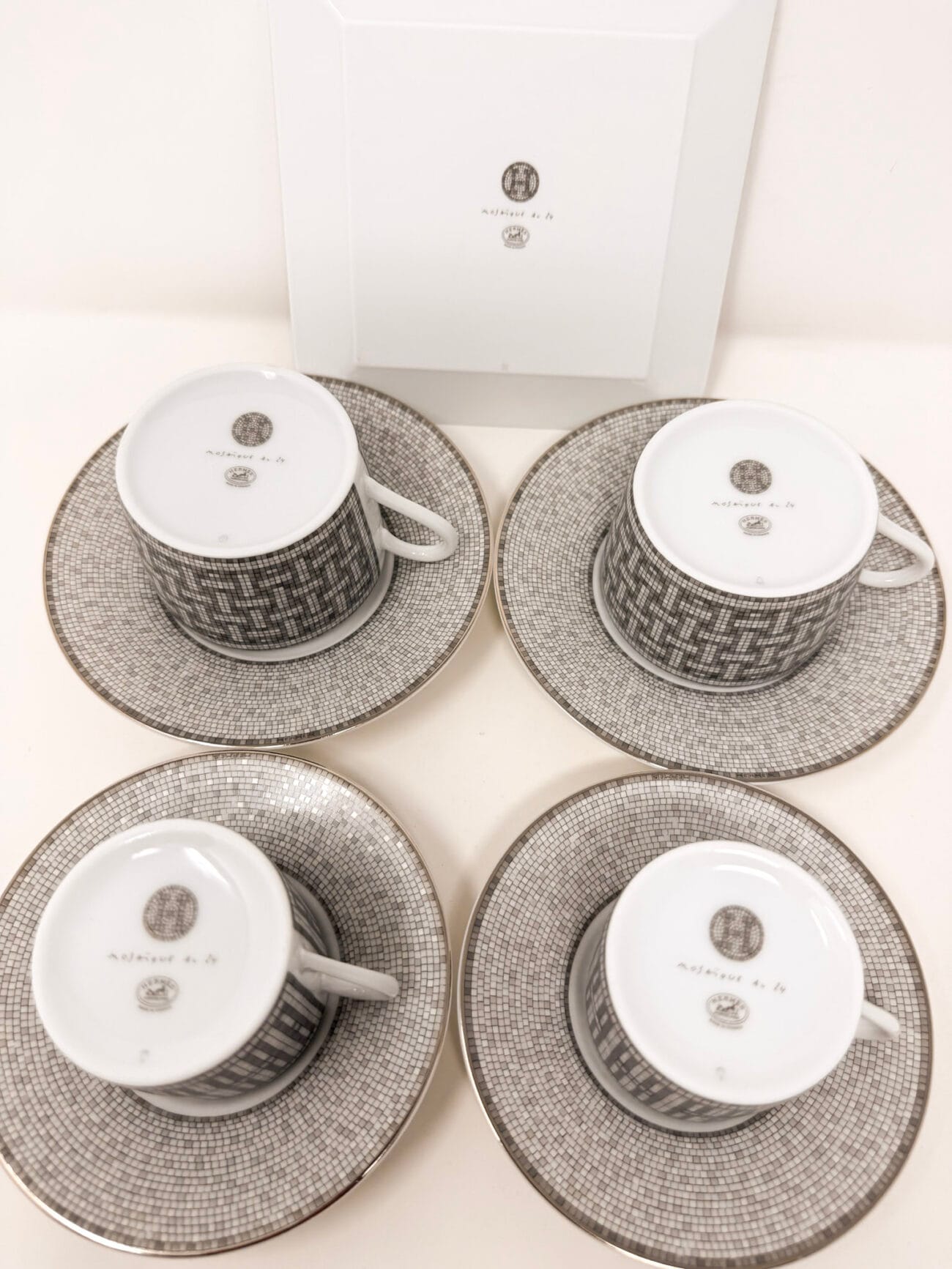 Hermès Mosaïque au 24 Platinum tea and coffee cups with Hermès marks
