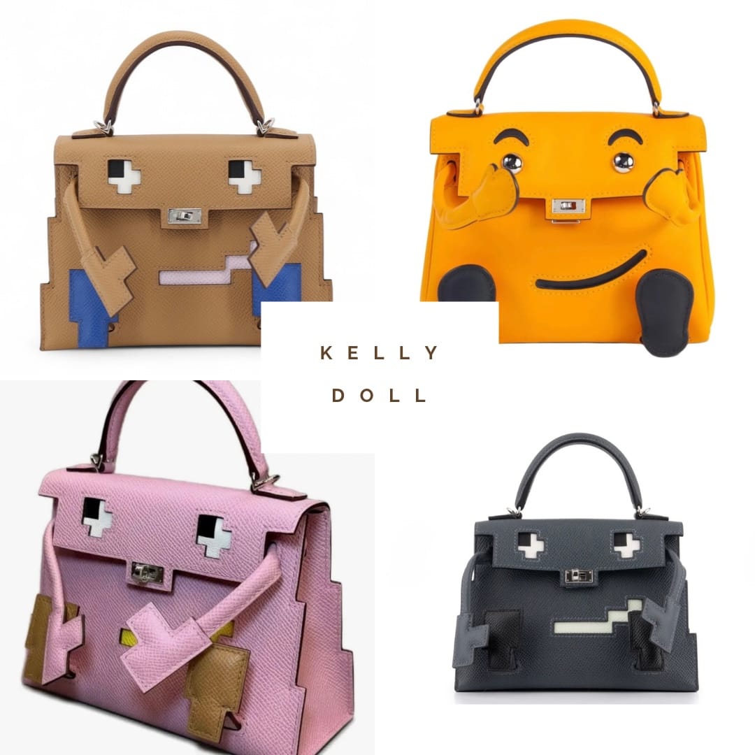 Hermès Kelly Doll collection in different colours featuring the iconic face-inspired design