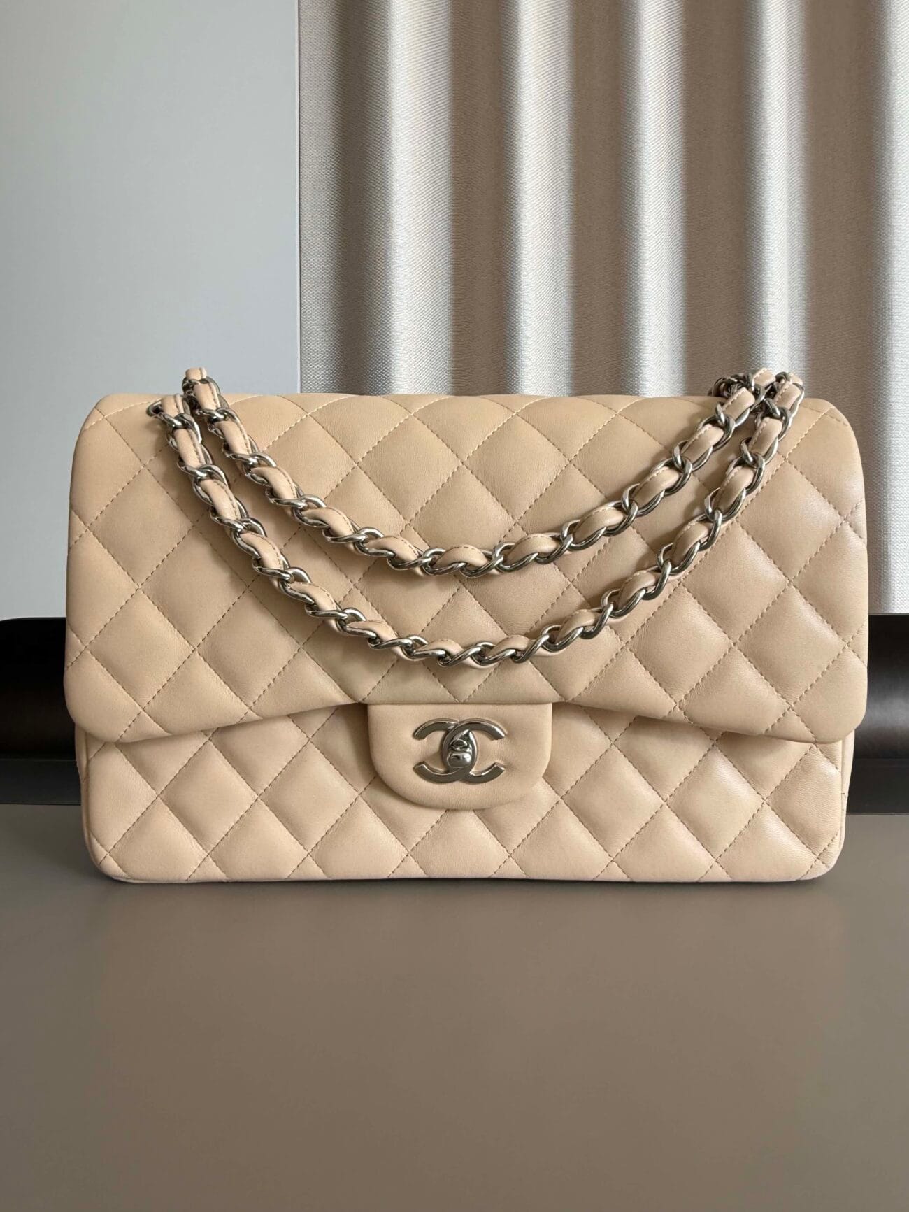 Chanel Classic Flap Jumbo 30 Light Beige Lambskin – CC lock and chain detail