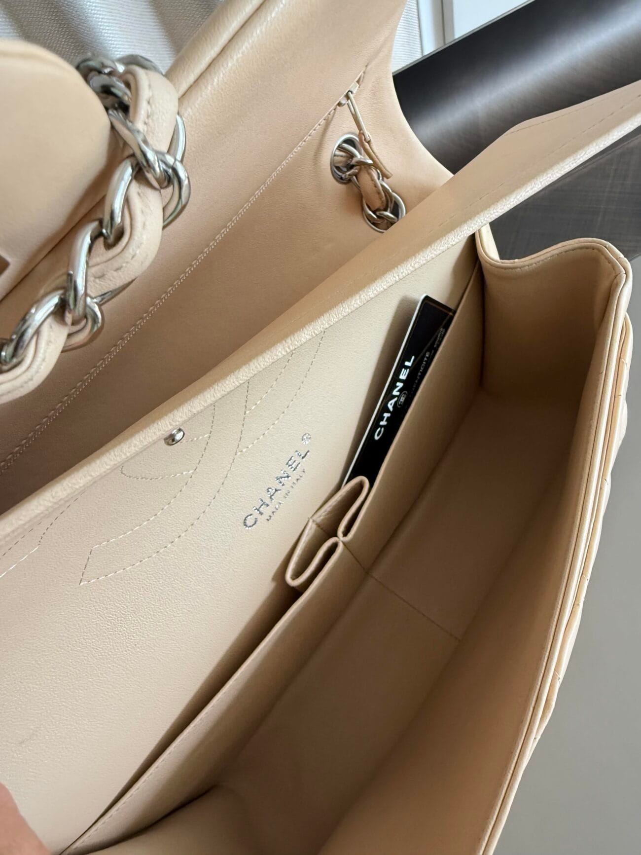 Chanel Classic Flap Jumbo 30 Light Beige Lambskin – open interior with authenticity card