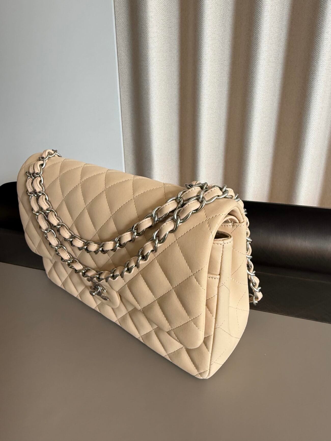 Chanel Classic Flap Jumbo 30 Light Beige Lambskin with Palladium Hardware – top view