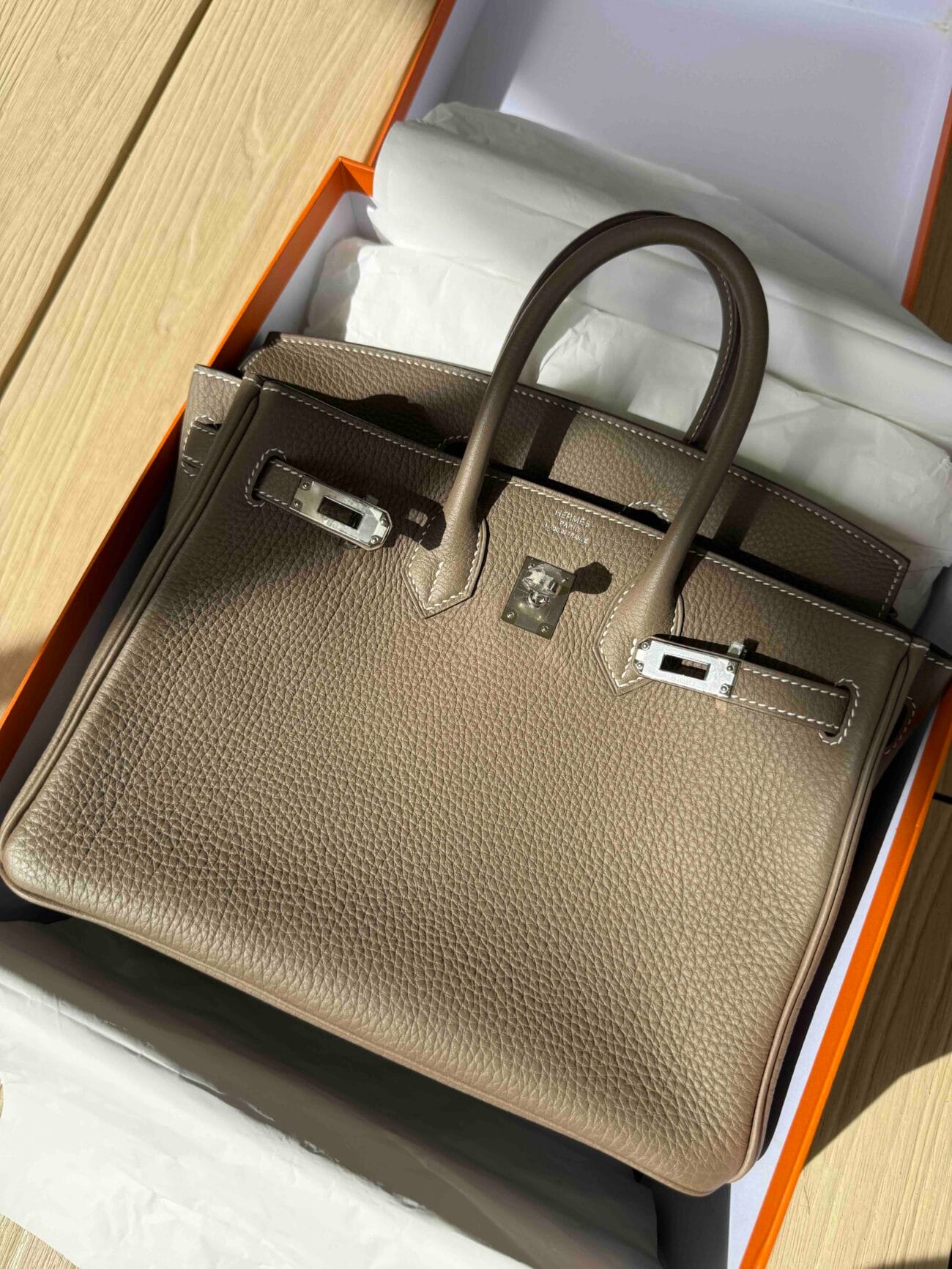 Hermès Birkin 25 Etoupe Togo with Palladium Hardware in original box